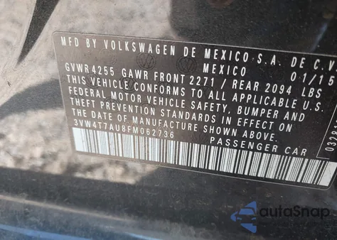 2015 Volkswagen Golf Gti 2.0T Autobahn 4-Door из США, поврежденный, VIN 3VW4T7AU8FM062736